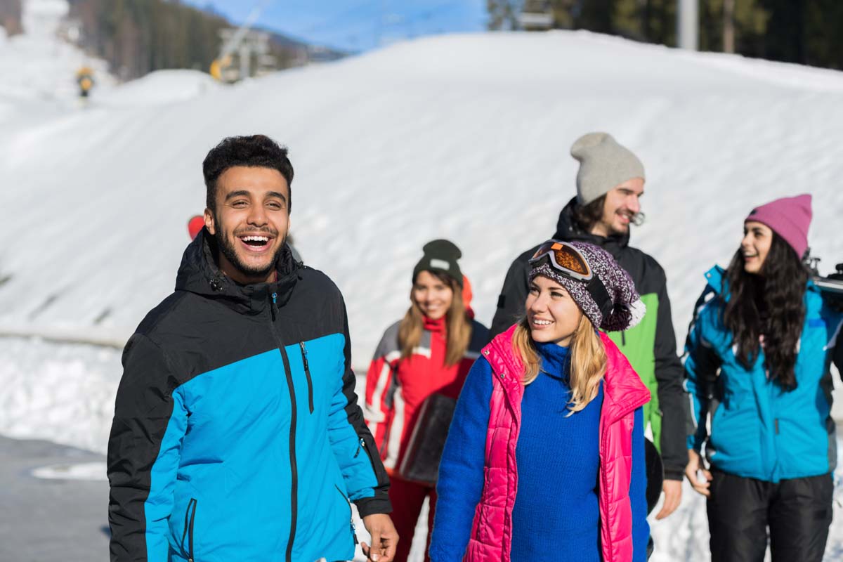 People Group With Snowboard And Ski Resort Snow Winter Mountain Friends Communication Extreme Sport Vacation